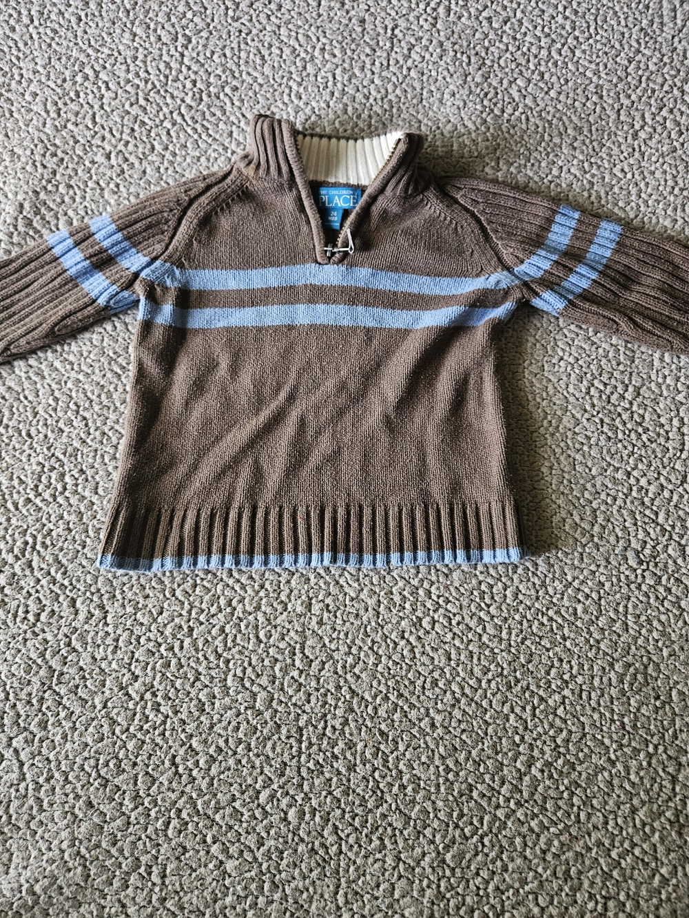 The Children's Place Brown Zip-Up Sweater with Light Blue Stripes